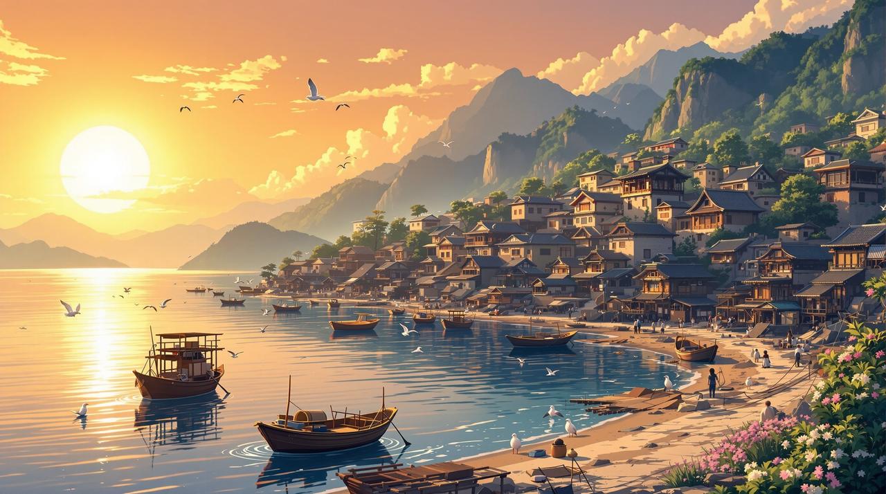 影院短剧 - 海边渔村温暖黄昏全景，金色夕阳下的渔港，停泊的小渔船，传统石屋与远山